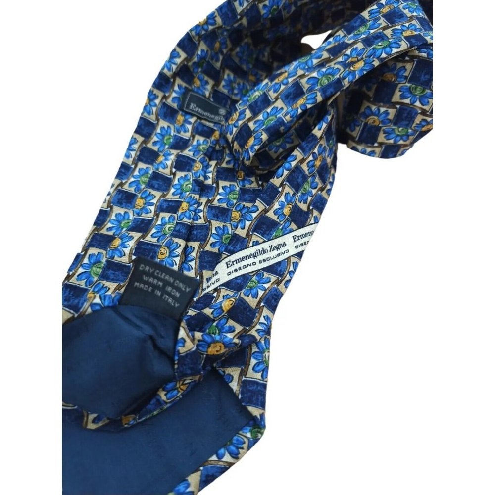 ERMENGILDO ZEGNA Blue Geometric Floral Silk Tie ITALY 59"/ 4"  EC - Picture 6 of 7